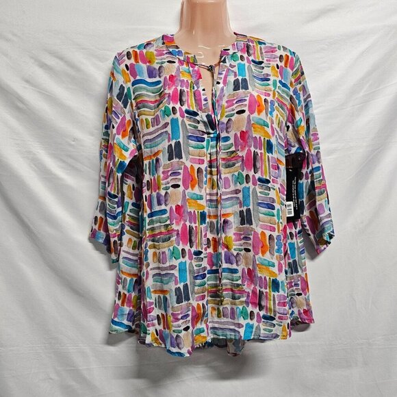 AP NY V Neck Hi-Lo Top Blouse Shirt Women Size M Colorful Cupro blend - Picture 5 of 15